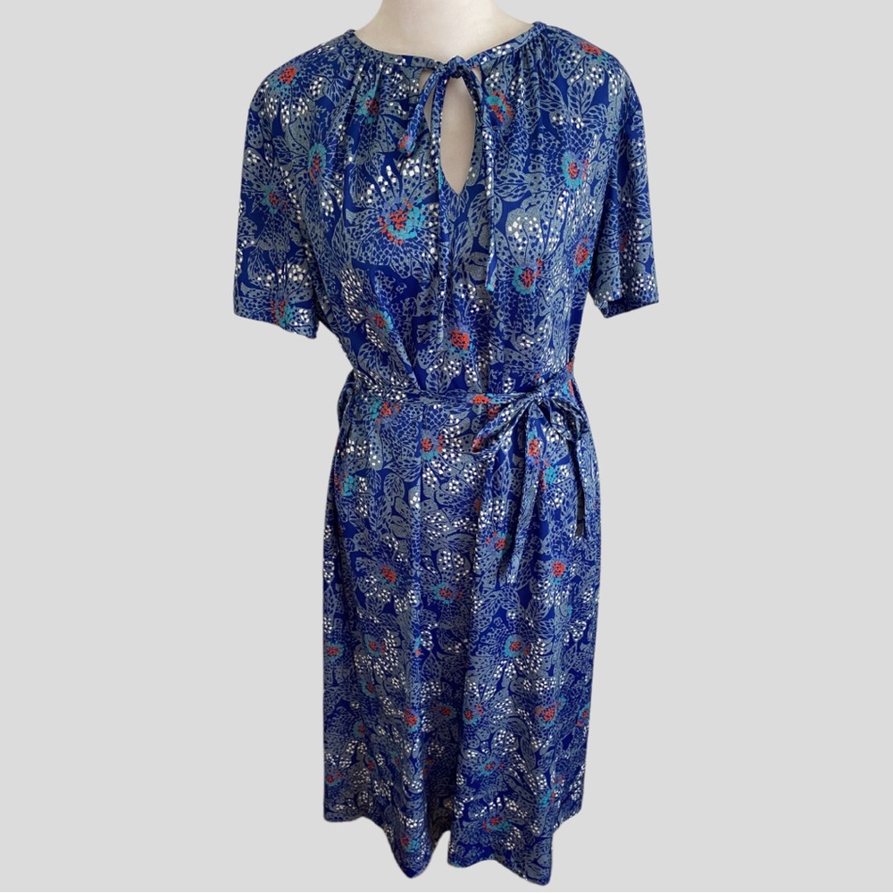 Vintage 70s Blue Floral Tie Neck Belted Dress - Picture 7 of 7